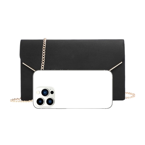 Women's Faux Suede Black Velvet Crossbody Clutch Bag W/ Gold Hardware - Picture 5 of 6